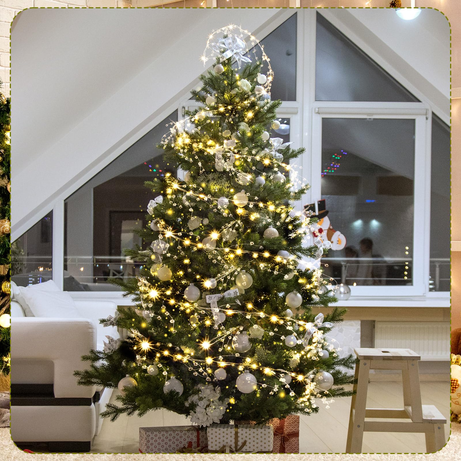 Glooglitter Décoration de sapin de Noël, guirlande lumineuse en cristal de 29,9 m, 300 LED en fil de cuivre avec ornements en forme de goutte, décoration scintillante pour Noël d'hiver et d'intérieur