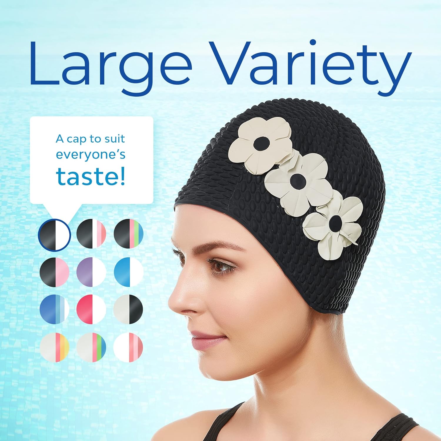 Beemo Latex Swimming Cap for Women, Swim Cap for Long Hair or Short Hair, Bath & Swim Caps to Shield Hair from Damage, Use as Large Shower Cap
