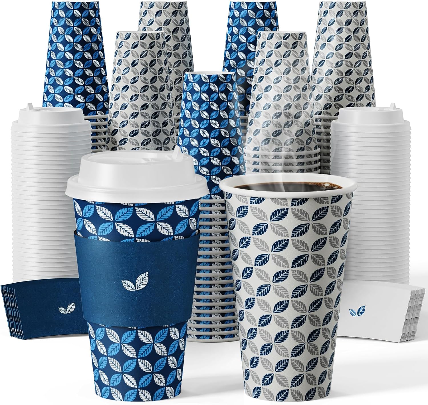 JOLLY CHEF 100-Pack Disposable Coffee Cups 16 oz, Paper Cups with Lids - Dual Use for Hot & Iced Coffee Sleeves for Home Office Party (Blue and Grey Leaf)