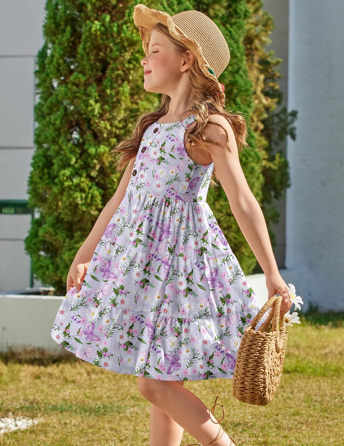 Arshiner Toddler Girl Summer Dresses Casual Sleeveless Button Down Swing Flowy Tiered Midi Sundress with Pockets 7-8 Years Purple Butterfly image 3 of 7 B0DP2T169S