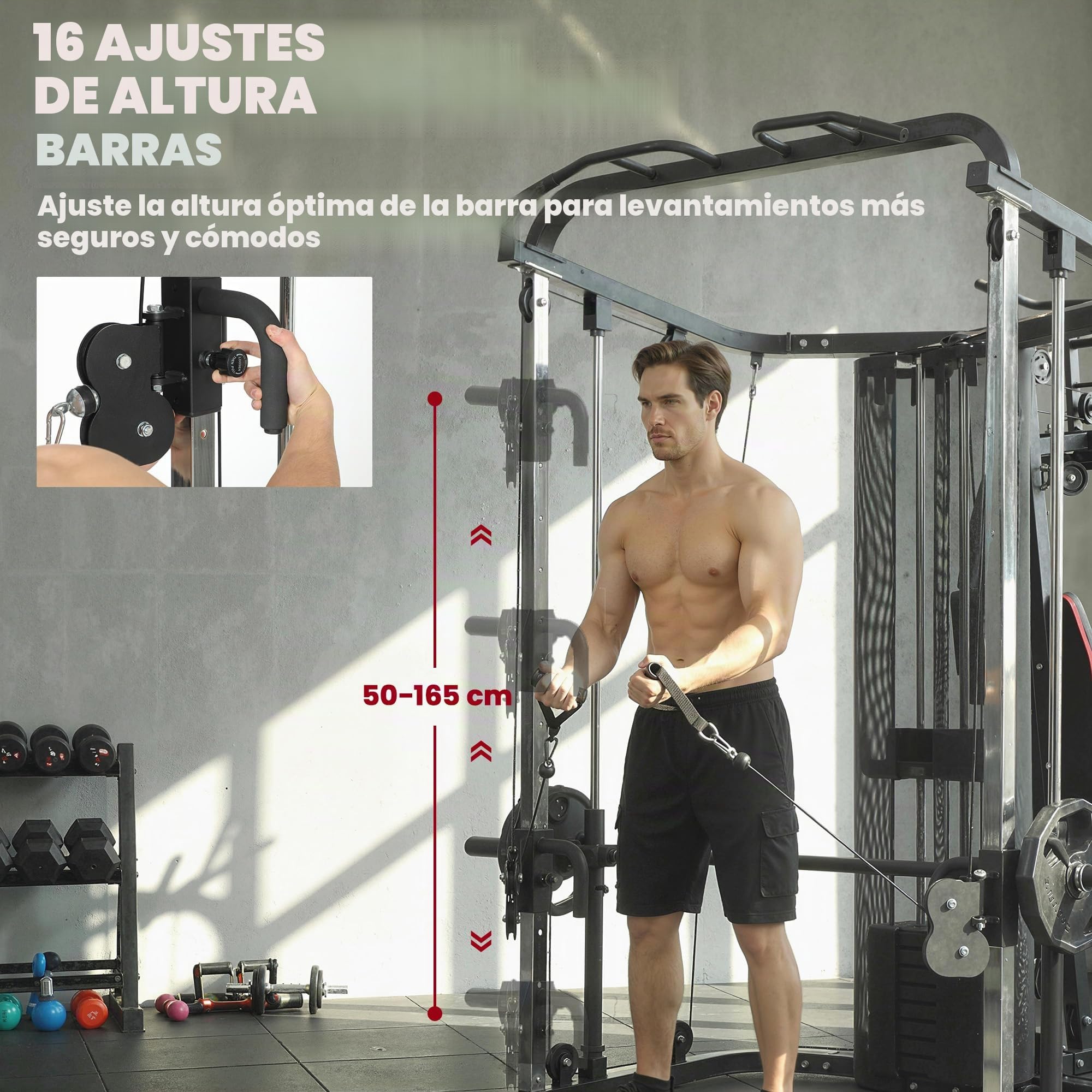 SPORTNOW Estación de Fuerza Estación de Fitness con 65 kg de Peso, Lat Pulldown, Barra Butterfly, Banco Preacher Ajustable, Entrenador de Piernas, Máquina Multifuncional Smith Multiestación hasta 120