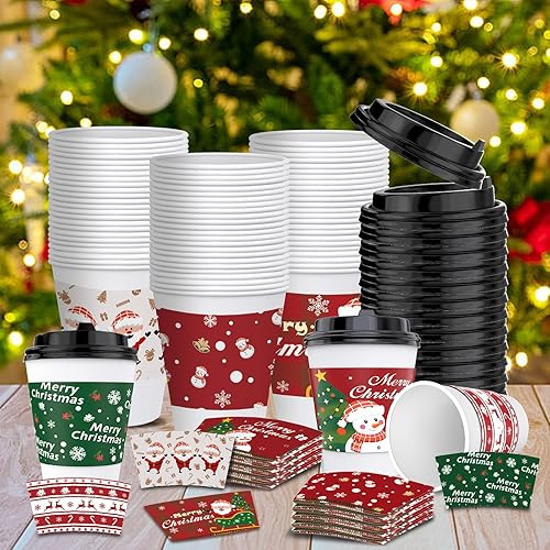 Miniatura 5 de 60 juegos de tazas de café desechables de Navidad con tapas y mangas, tazas de chocolate caliente aisladas de papel de 12 onzas para suministros de
