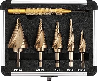COMOWARE 5PCS M35 Cobalt Step Drill Bit Set with 1/4" Hex Shank, Automatic Center Punch, Two Spiral Flute Impact Design, Ideal for Metal, Stainless Steel, Wood, Plastic