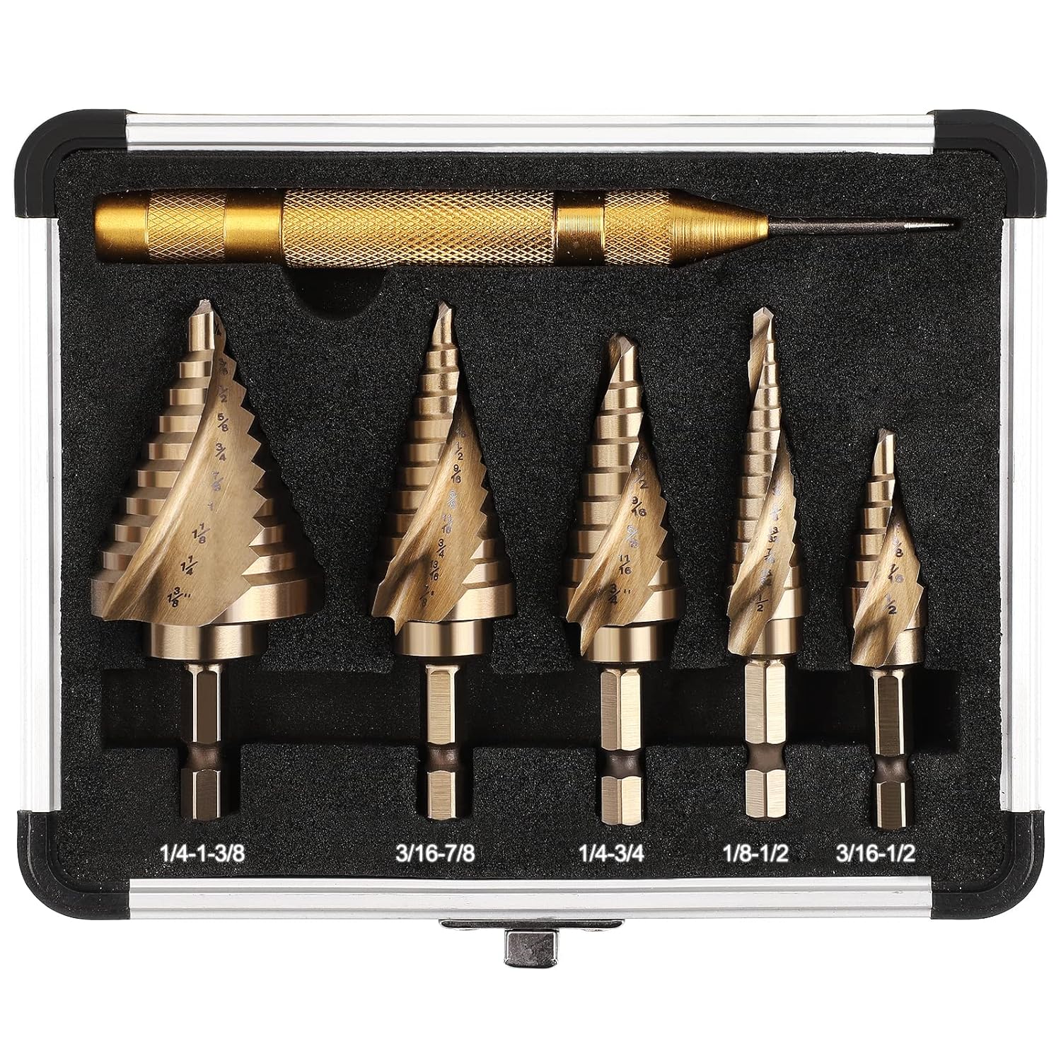COMOWARE 5PCS M35 Cobalt Step Drill Bit Set with 1/4" Hex Shank, Automatic Center Punch, Two Spiral Flute Impact Design, Ideal for Metal, Stainless Steel, Wood, Plastic