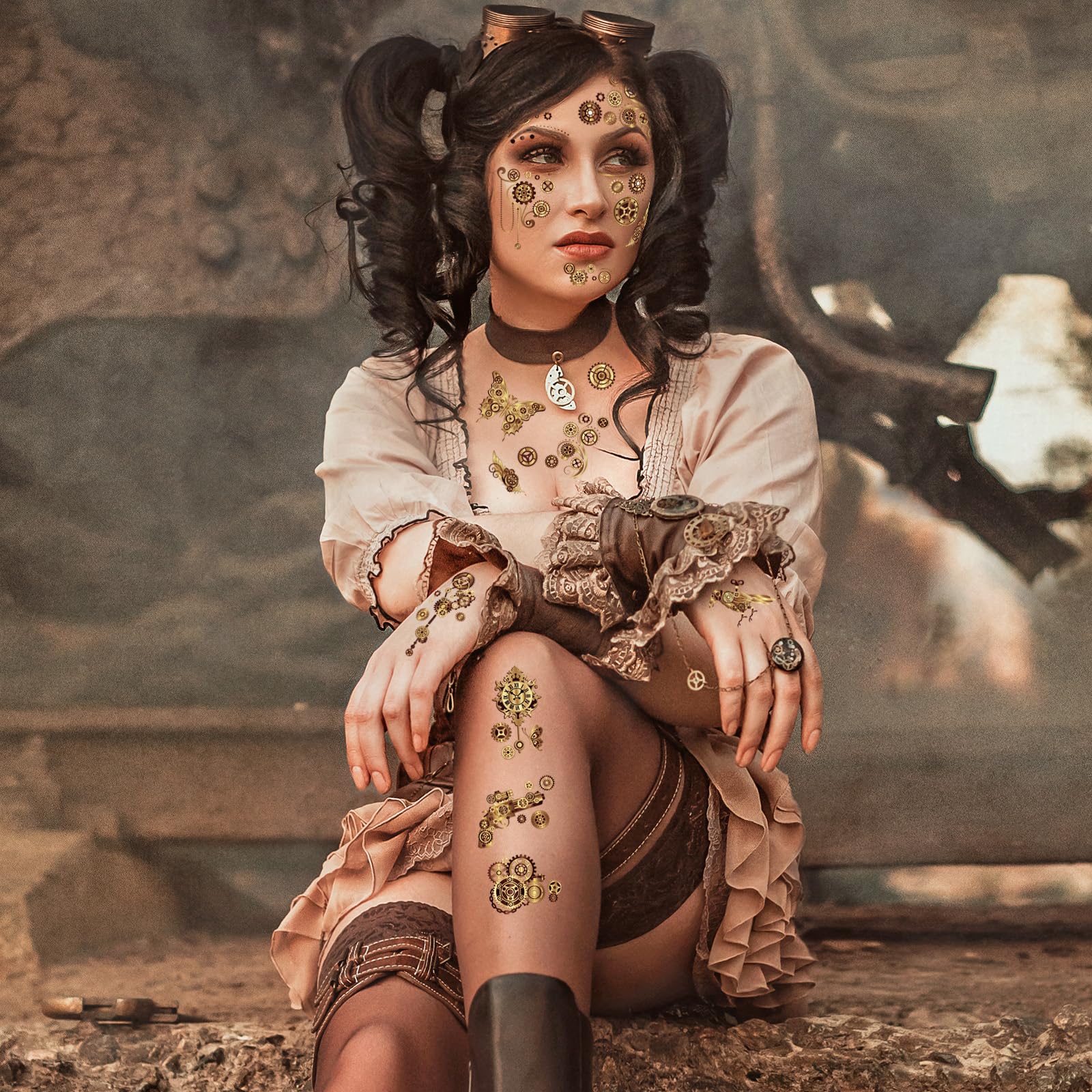 HOWAF Steampunk akcesoria tymczasowe tatuaże na twarz, karnawał, naklejki na koła zębate, kostium na Halloween karnawał