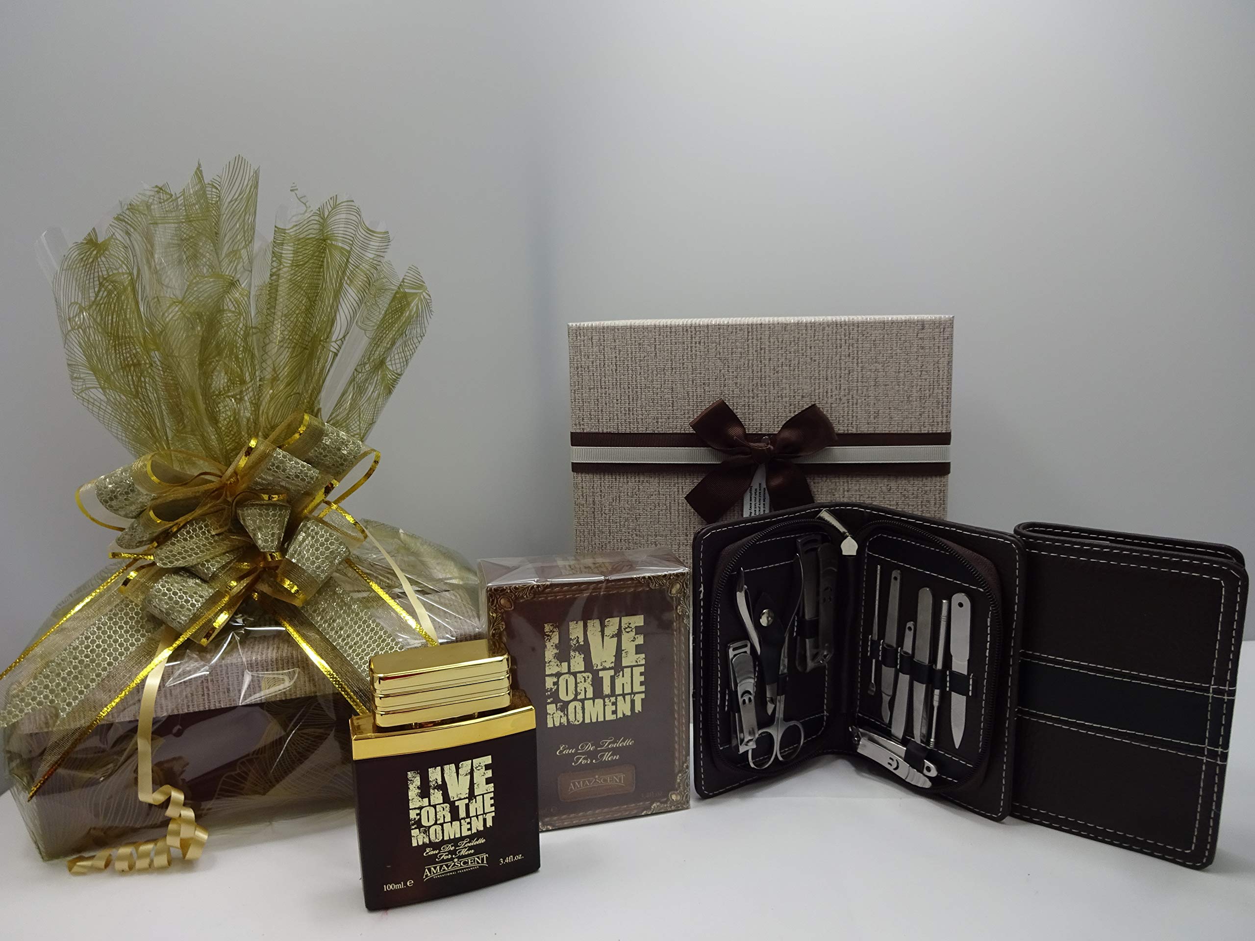 Coffret cadeau de luxe pour homme, Live For The Moment edt pour homme, parfum sensationnel Amazscent 11 pièces en acier inoxydable, kit de manucure personnel dans un coffret cadeau