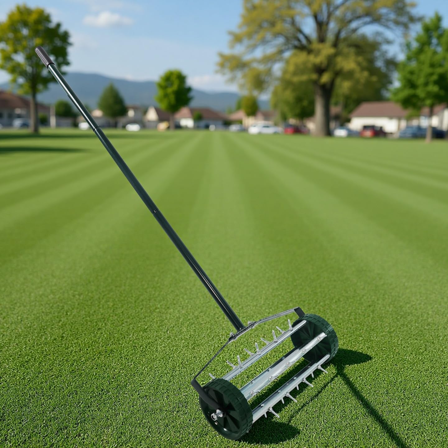 Tool with 3-Piece Long Steel Handle for Garden Yard Grass Maintenance 16-Inch Spike Rolling Lawn Aerator for Grass. Heavy Duty Manual Push Aerator Lawn Tool,Soil Health for Garden&Yard Tool(Green)