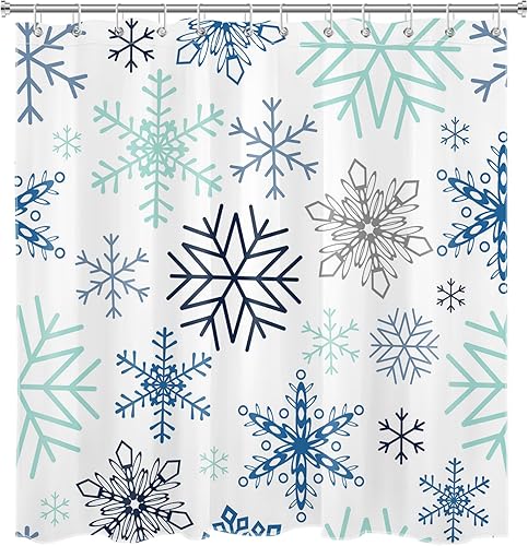 Miniatura 4 de LB Blue Green Snowflake Shower Curtain for Bathroom, Farmhouse Christmas Holiday Winter Fabric Shower Curtain with Hooks, New Year Modern Abstract