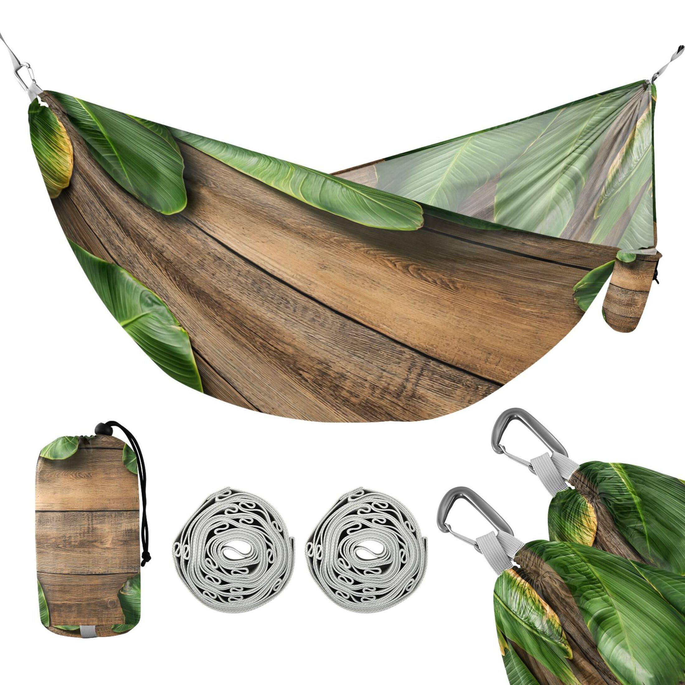 Takiito Spring Green Banana Leaves on Wood Hammock 330 lb Capacity Travel Camping Hammock with Tree Straps, Portable Lightweight for Outdoor Beach Backpacking Backyard Patio