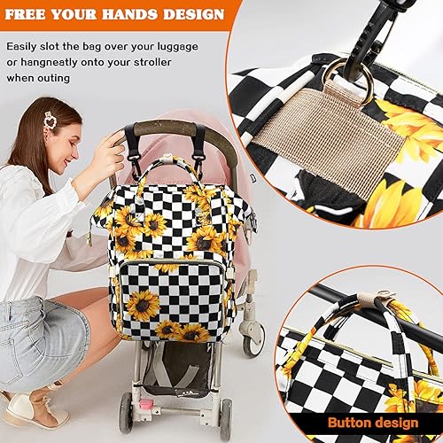 Miniatura 5 de Mochila de pañales 3 en 1, bolsas de bebé multifunción con cambiador y correas para cochecito, bolsa de pañales para mamá, Girasol a cuadros,