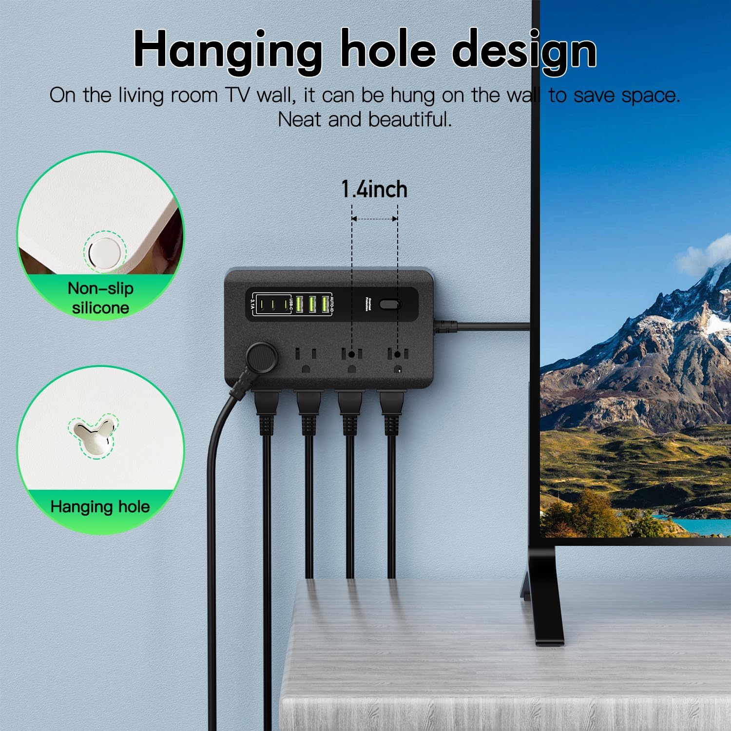 Power Strip with USB, 6ft Surge Protector Flat Plug Extension Cord with 8 Outlets, 3 USB Ports & 3 Type-C Ends (5V/3A), Home Office Outlet Extender (Black)