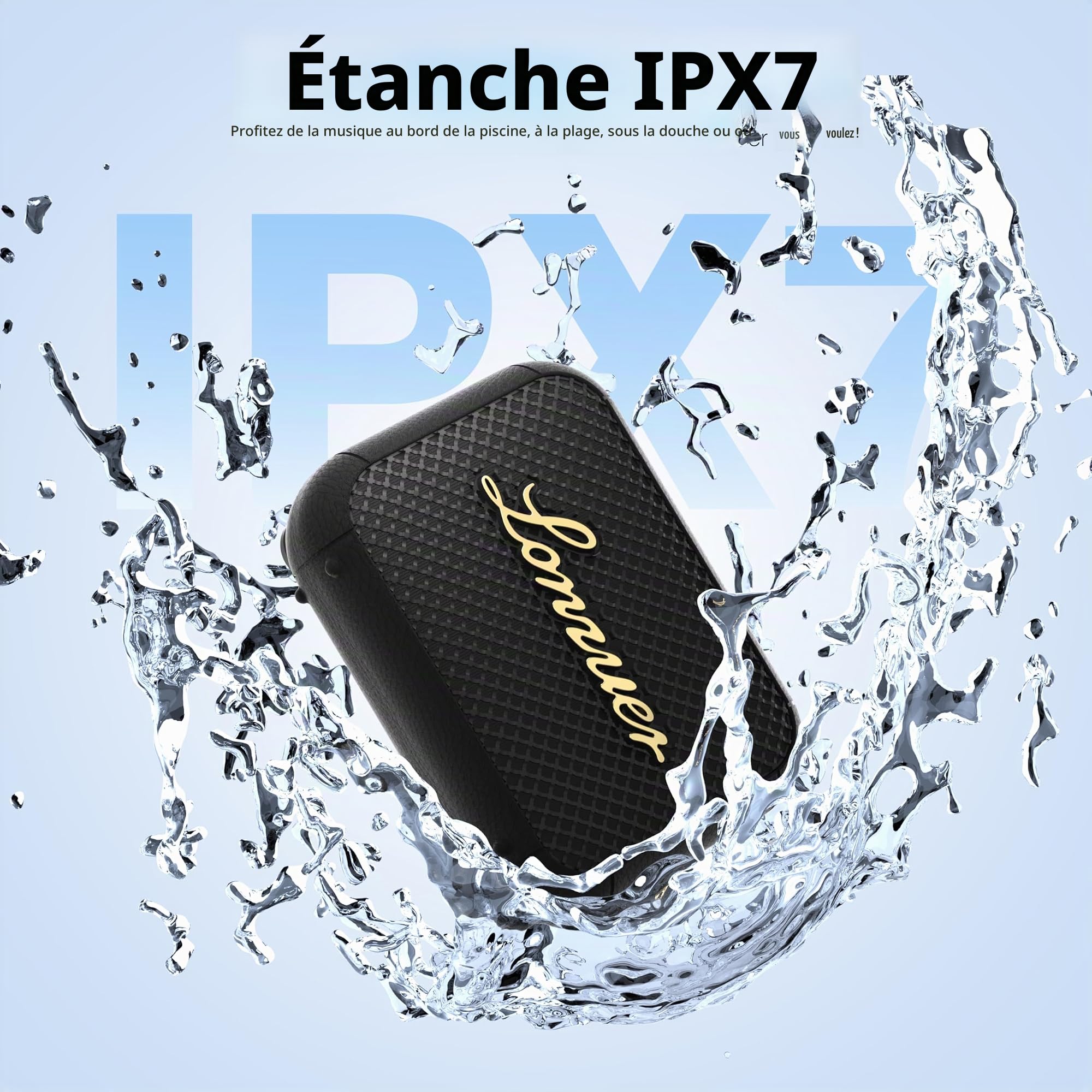 Enceinte Bluetooth ultra-portable - Étanchéité IPX7, basses puissantes, 8 h d'autonomie, TWS, micro intégré, sangle de fixation incluse pour le cyclisme, le sport, les voyages et le camping - Noir