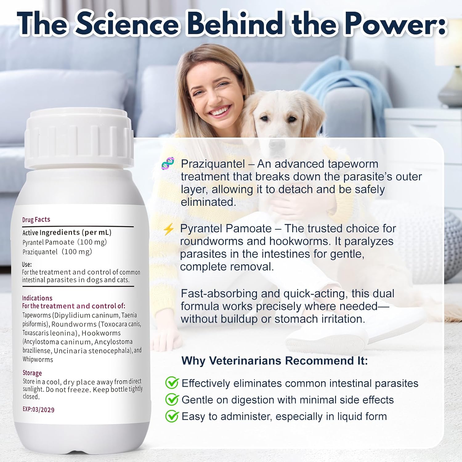 Dewormer Liquid for Dogs & Cats, 7-Way Wormer for Tapeworms, Roundworms & Hookworms, with Praziquantel & Pyrantel Pamoate – Gentle on Stomach, 100ml