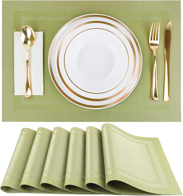 Amazon Brand - Umi. Placemats for Dining Table Set of 6, Heat Resistant Place Mats, Washable PVC Table Mats, Woven Vinyl Non-Slip Stain Resistant Kitchen Table Placemats, Easy to Clean (Green)