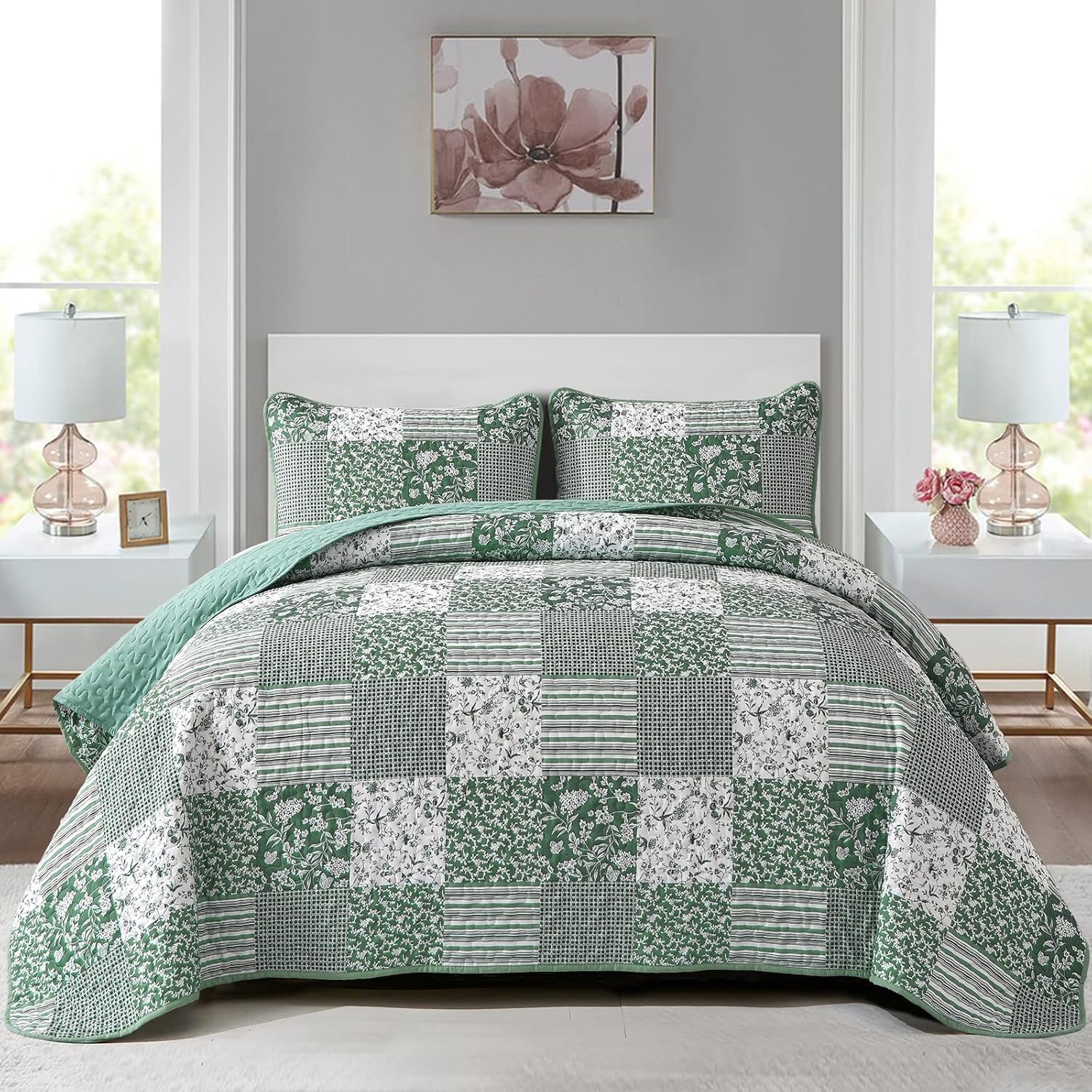 Mybedsoul Green Quilt Set Twin Size Dorm Bedding, Patchwork Bedding Set