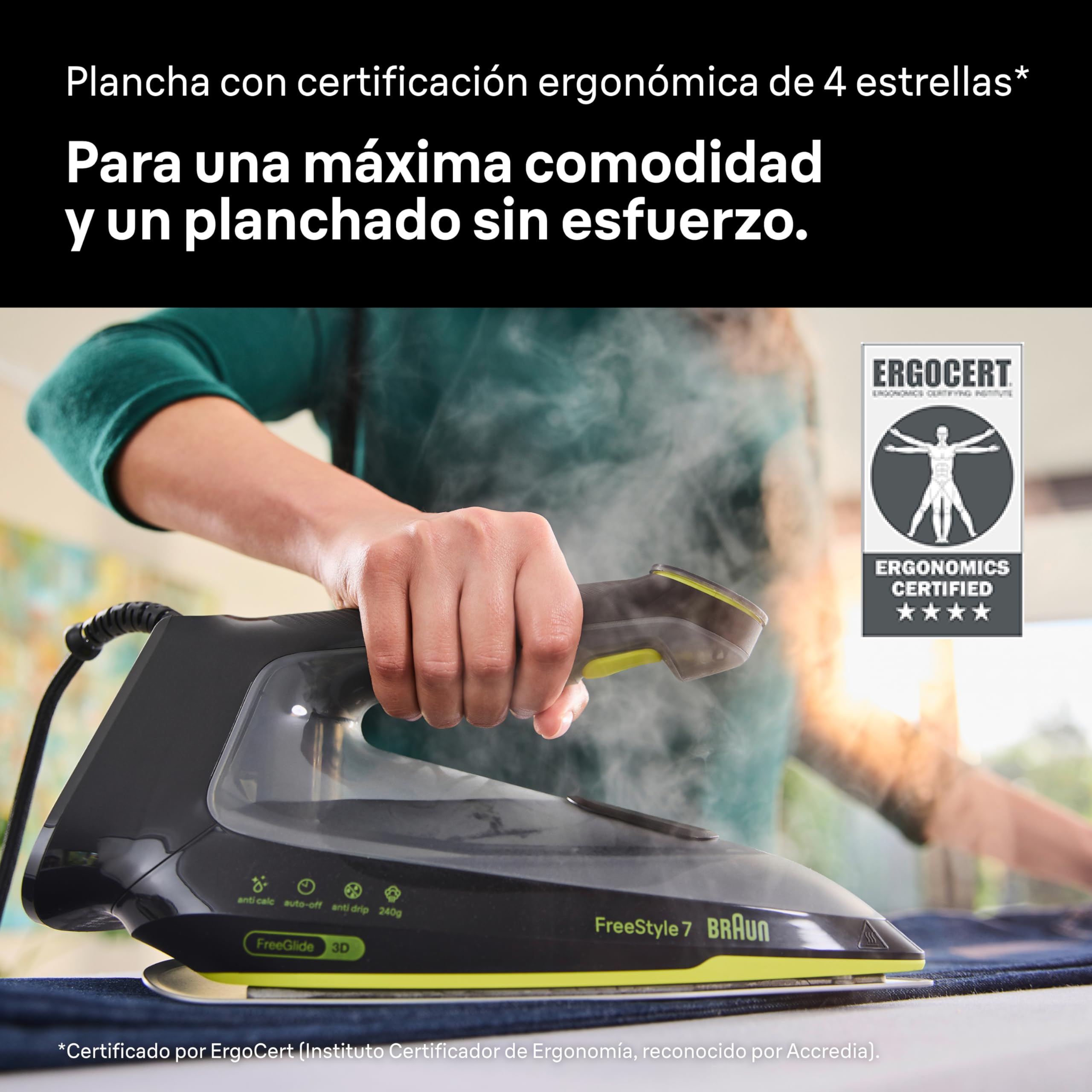 Braun FreeStyle 7 – Plancha de Vapor Ergonómica y Fácil de Usar, Función Turbo, Planchado Rápido y Suave, Diseño Certificado, Negro y Verde (FI7255GR)
