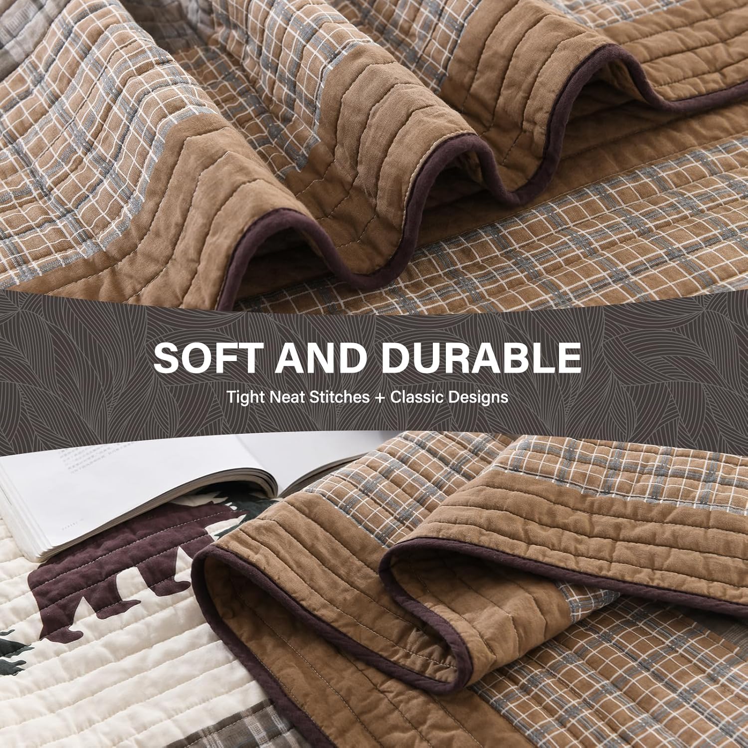 SahSahCasa Quilt Queen Size, Queen Quilt Set, 100% Cotton Queen Quilt Bedding Set Bedspreads, Forest Farmhouse Rustic Reversible Lightweight Comforter for Queen Bed, All Season, Brown/Green, 3-Piece - Image 6