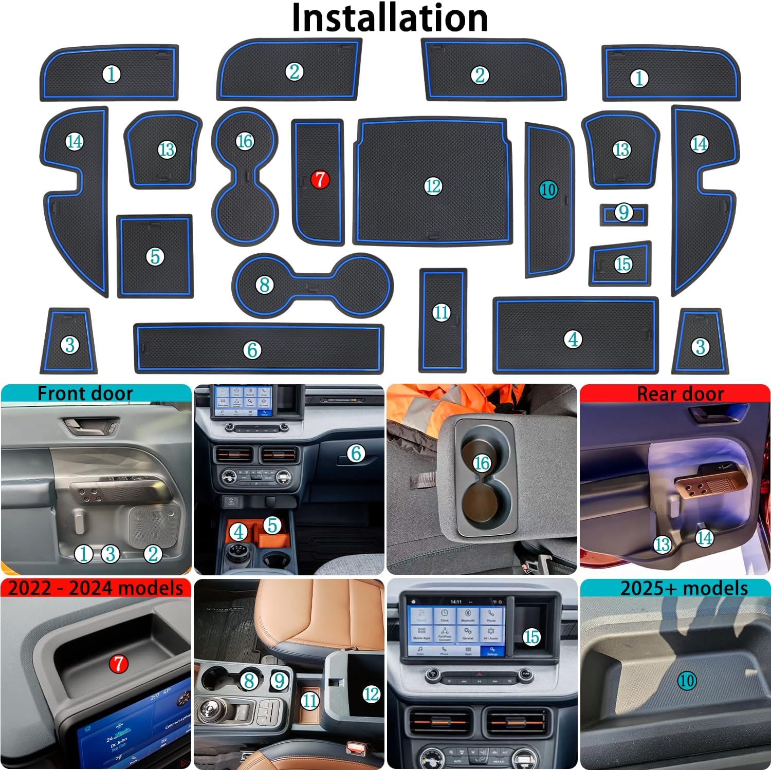 Center Console Liner Fit for Ford Maverick Accessories 2022-2024 2025 Cup Holder Insert Door Slot Coaster Interior Pocket Anti Dust Mat, Not for 2025 Model with Wireless Charger, 21pcs (Blue)
