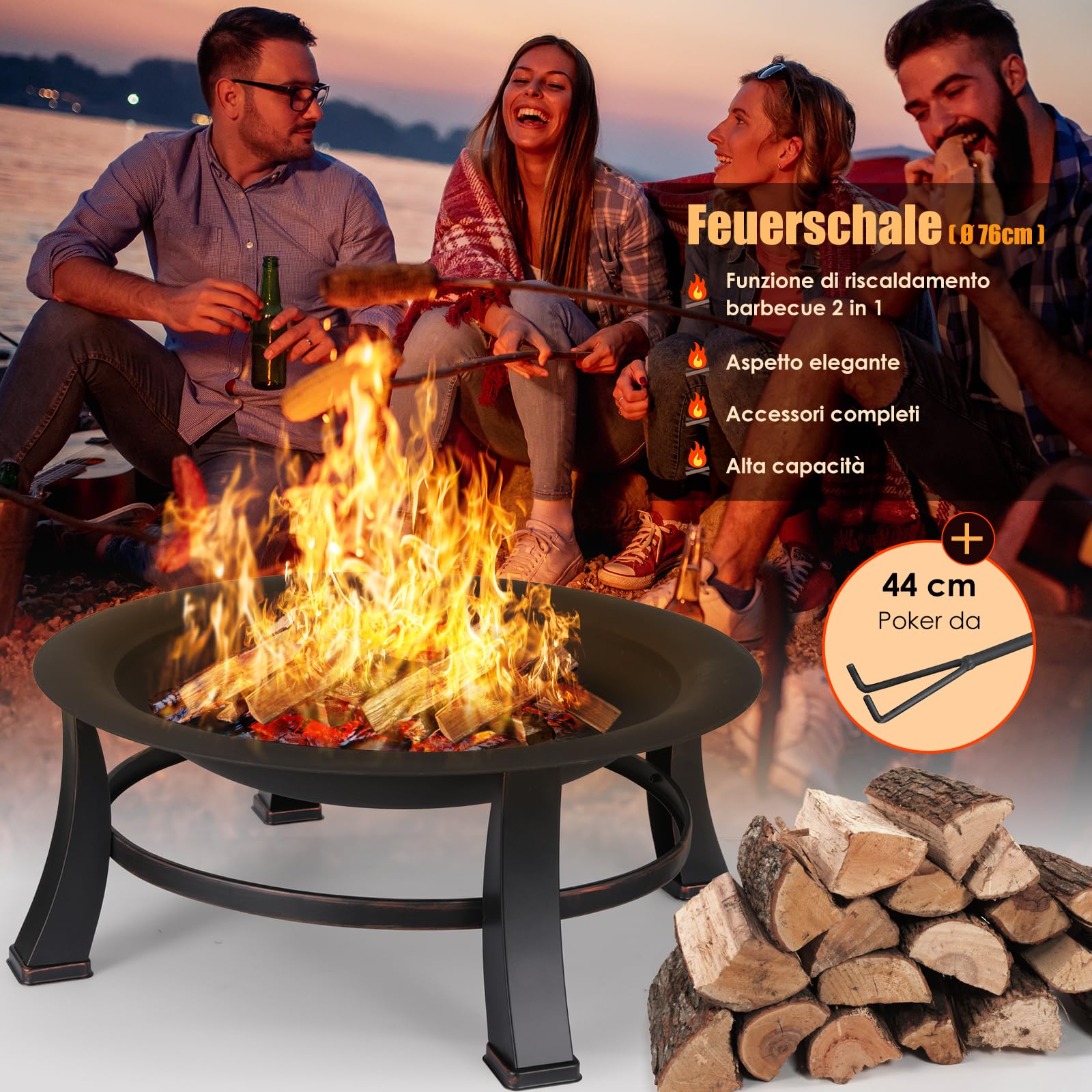 TLGREEN Braciere da Esterno, Braciere Barbecue, Ø 76 cm Braciere da Giardino in Look Retrò, Bracieri per il Giardino con Parascintille e Griglia, Stabile e Funzionale, per Fuoco e Riscaldamento
