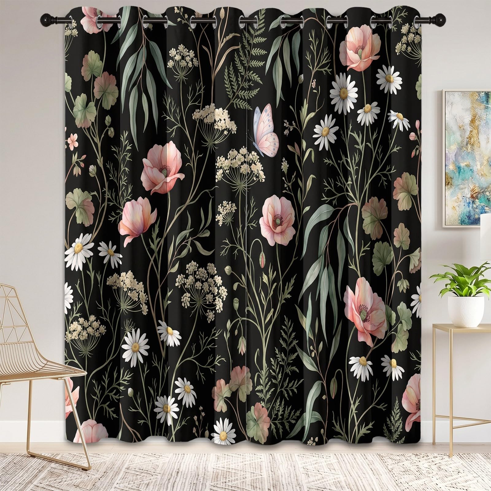 Schwarz Natürlich Landhausstil Vorhänge, Mohnblumen Gänseblümchen Eukalyptusblätter Geranien Wärmeisolierte Raumverdunkelnde Vorhänge, Energieeffiziente Ösen Vorhang für Wohnzimmer, H245 x B100 cm