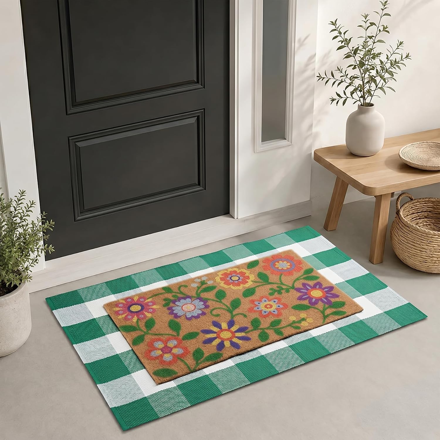 Layered Doormat Set, 27"x43" Green White Buffalo Plaid Rug and 17"x30" Floral Welcome Mat, Farmhouse Spring Front Door Mat for Entryway Porch Indoor Outdoor Decor (Flowers)