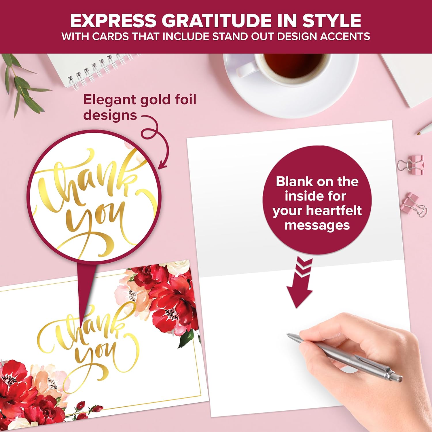 Decorably 24 Pack Gold-Foiled 6x4in Red Thank You Cards with Envelopes & Stickers, 6 Floral Designs for Friends, Family & Loved Ones, Blank Inside - Baby Shower, Wedding, Birthday, Gifting, Mailing - Image 4