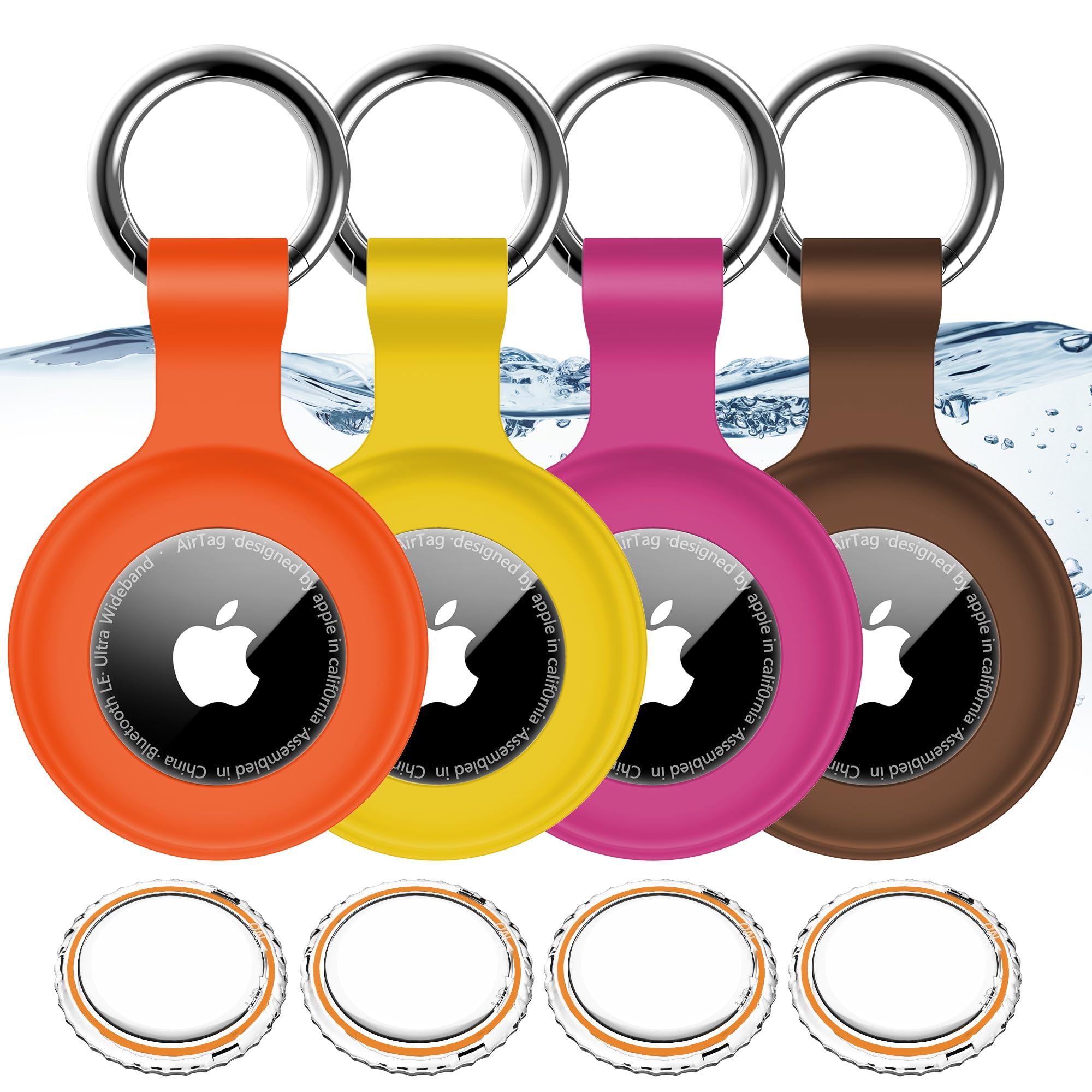 Photo 1 of 1|2|4Pack for Apple AirTag Holder,For Air Tag 2nd &1st Genaretion,Waterproof GPS Tracker Air Tag Keychain with Cover Anti-Scratch Silicone for Air-Tag Case for Pets,Luggage-Yellow+Brown+Orange+Rosered