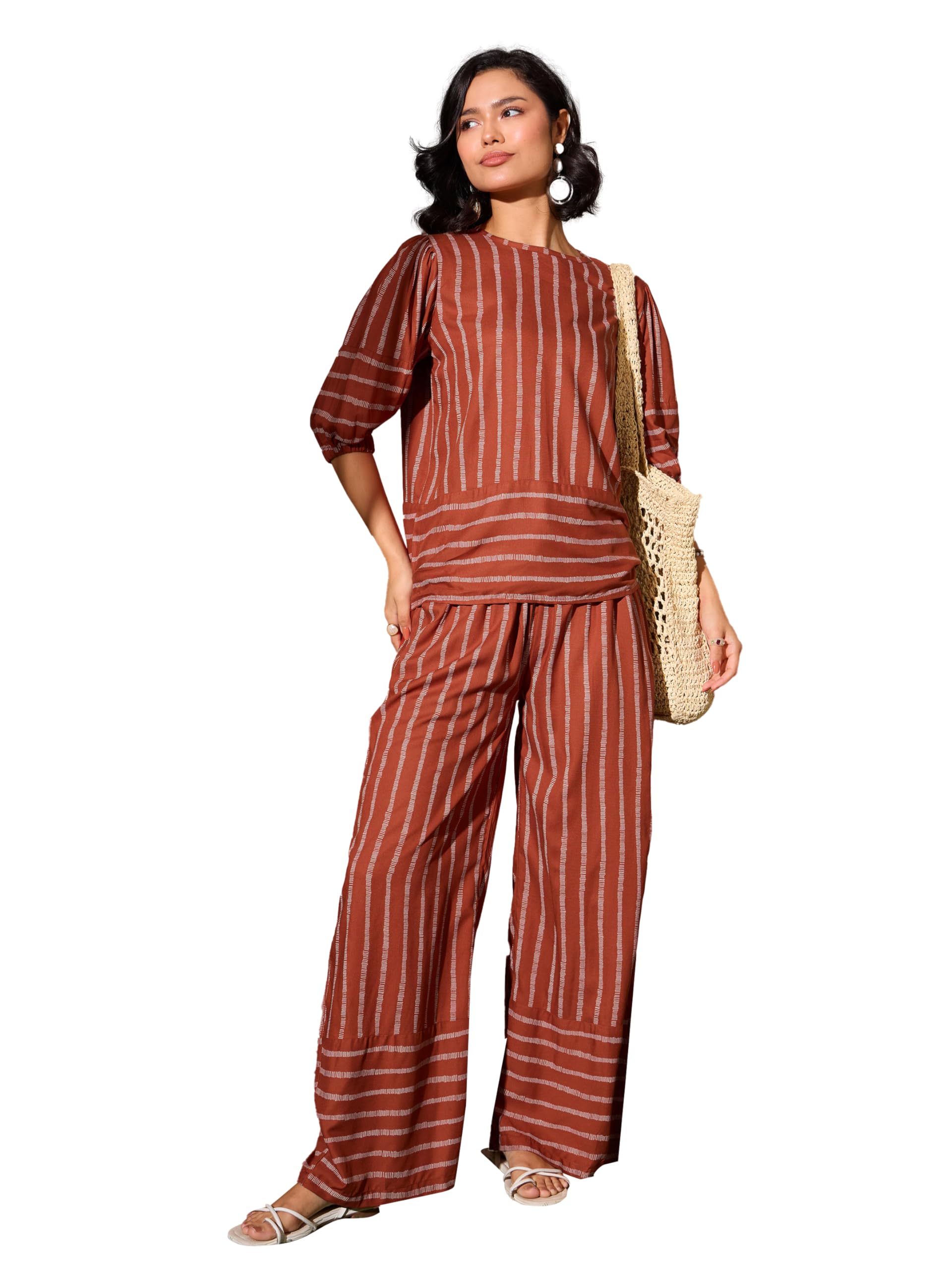 Women's Striped Set of Top & Palazzo Pants (BASETS96125_Rust 2XL)-image-14