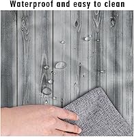 Vista 4 de Mantel rectangular blanco ajustable, textura de madera gris, borde elástico, impermeable, lavable, 72 x 30 pulgadas, paneles de madera antigua