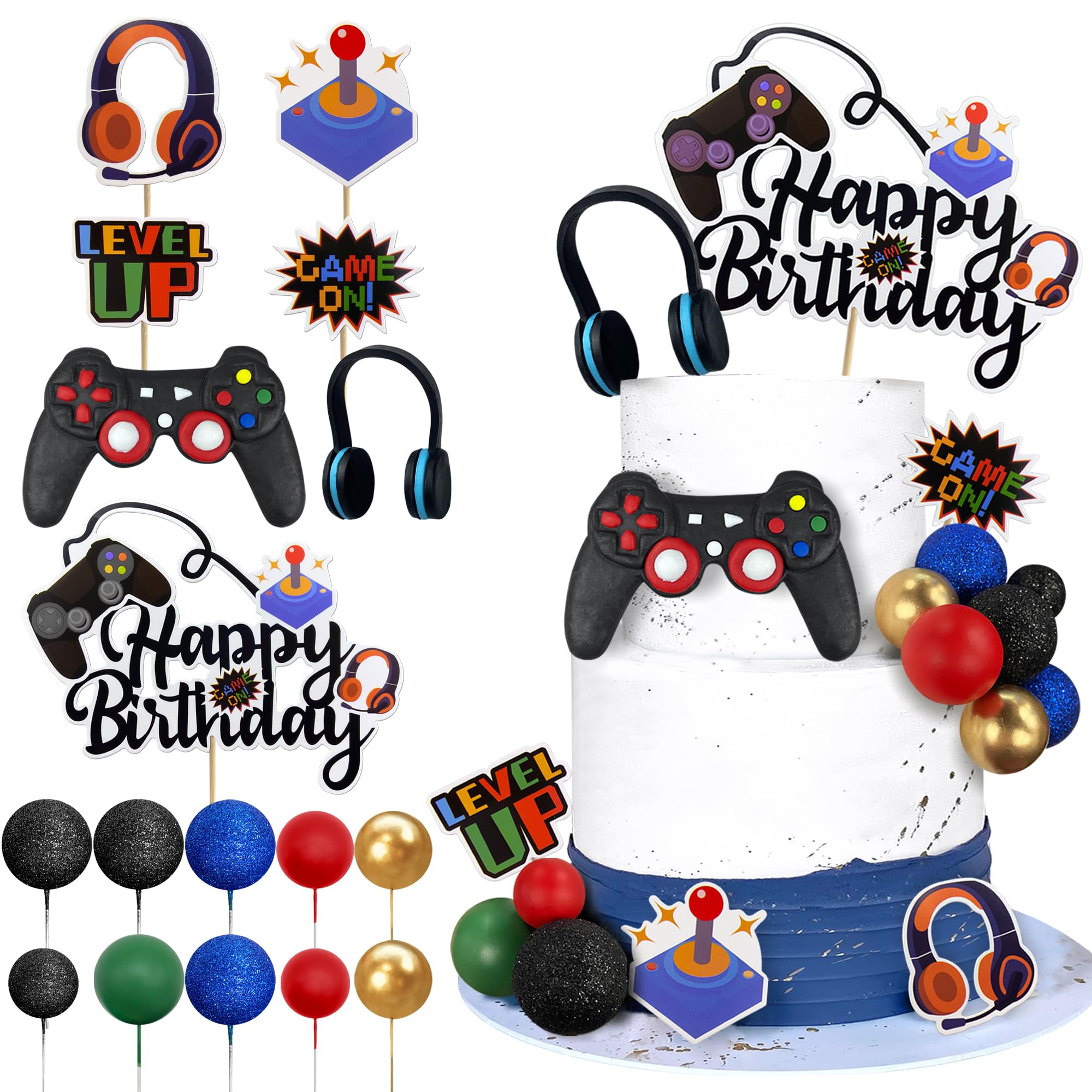 Video Game Cake Toppers Video Game Happy Birthday Controller Headset Cake Decoration Ball Cake Decoration for Game Theme Birthday Party Cake