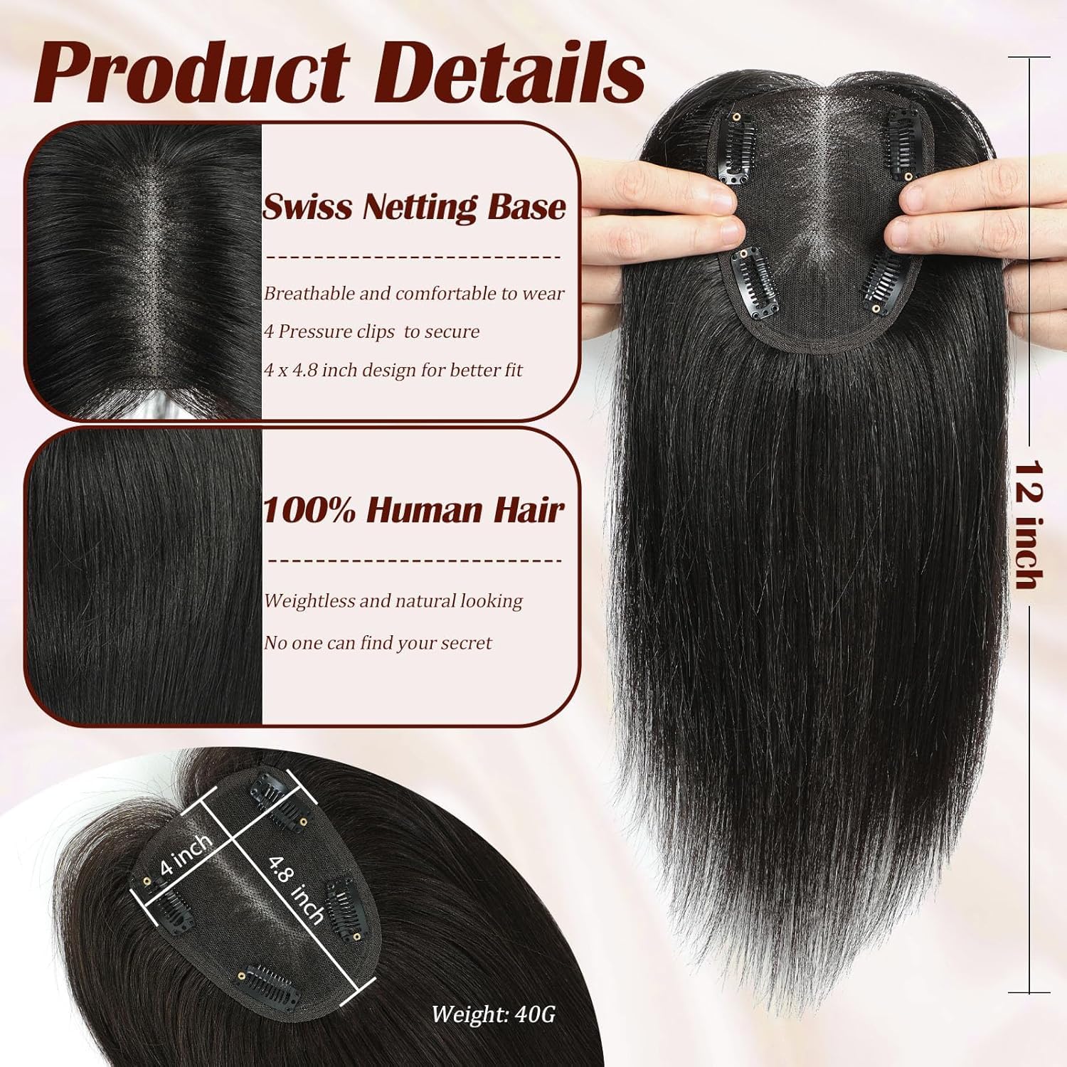 VASILIA Hair Toppers for Women Real Human Hair 120% Density Hand-made 4 * 4.8 Inch Swiss Base Human Hair Topper without Bangs 12 Inch Wig Toppers for Thinning hair #1B Natural Black