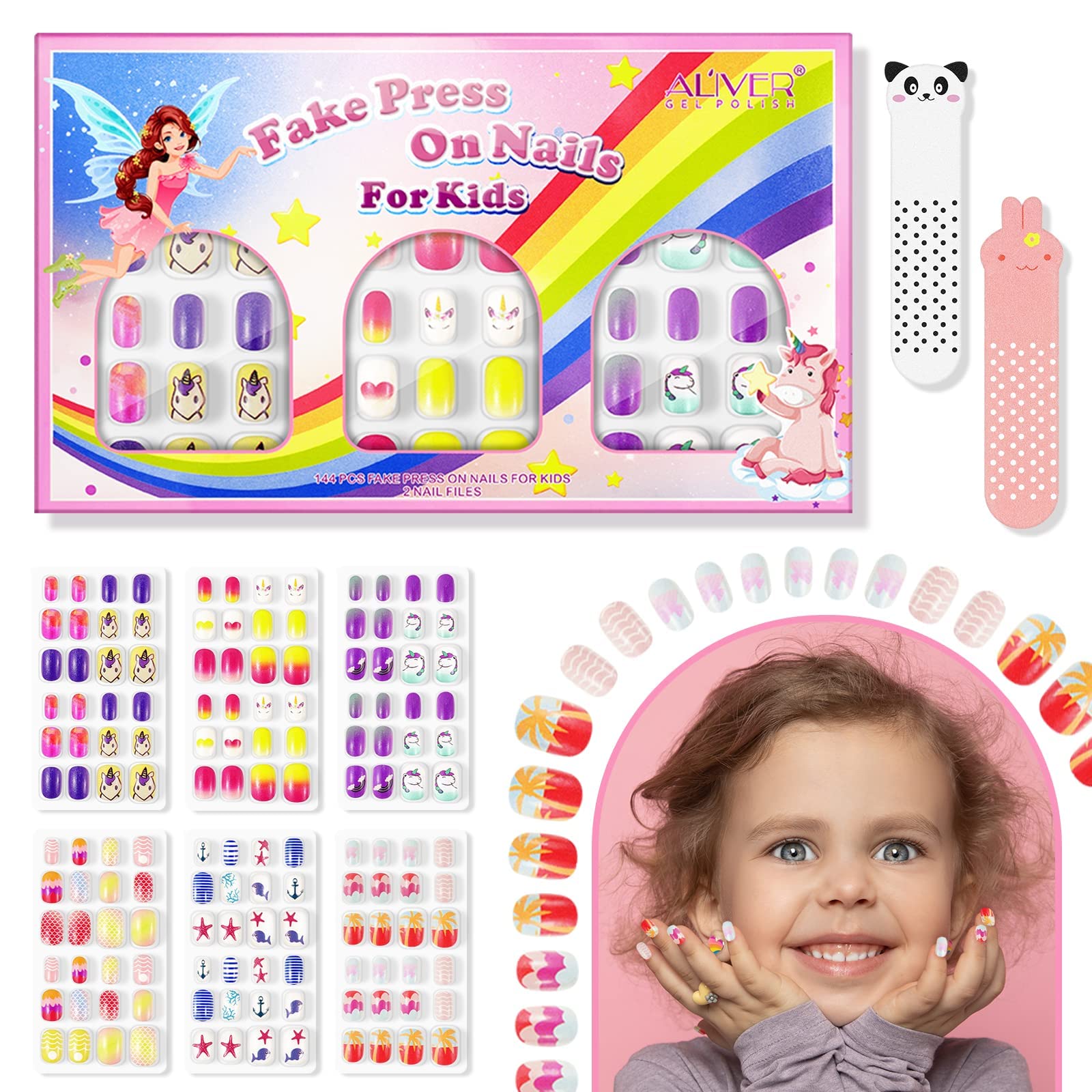 ALIVER Kids Press on Nails Grils, 144 Pieces Children Fake Nails Artificial False Nail Tips Pre Glue Full Cover Short Acrylic Nails for Girls Kids Nail Art Decoration (Beautiful Unicorns)