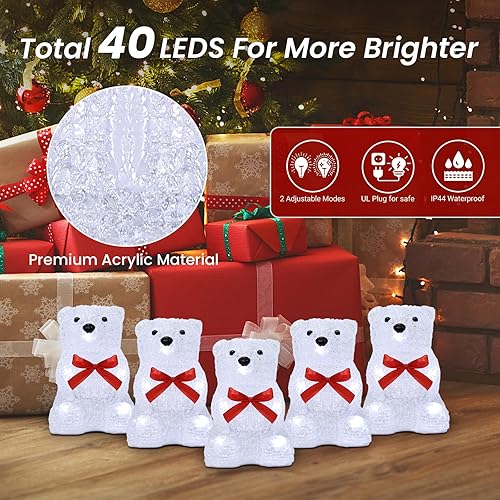 Miniatura 3 de LOFTEK Juego de 5 luces familiares de oso polar de Navidad, acrílico preiluminado, 8 LED, 2 modos con temporizador, luces de decoración de Navidad