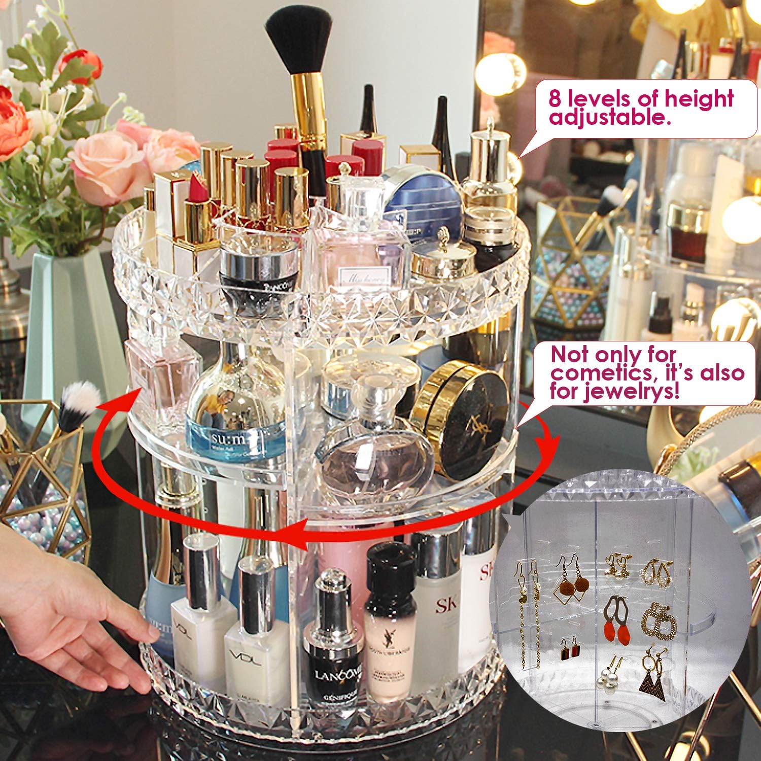 YOLETO Clear 360 Rotating Makeup Organizer and Storage, DIY Adjustable Cosmetic Counter Perfume Stand with 6 Layer Extra Large Capacity for Vanity, Bathroom, 11IN x 13.7IN