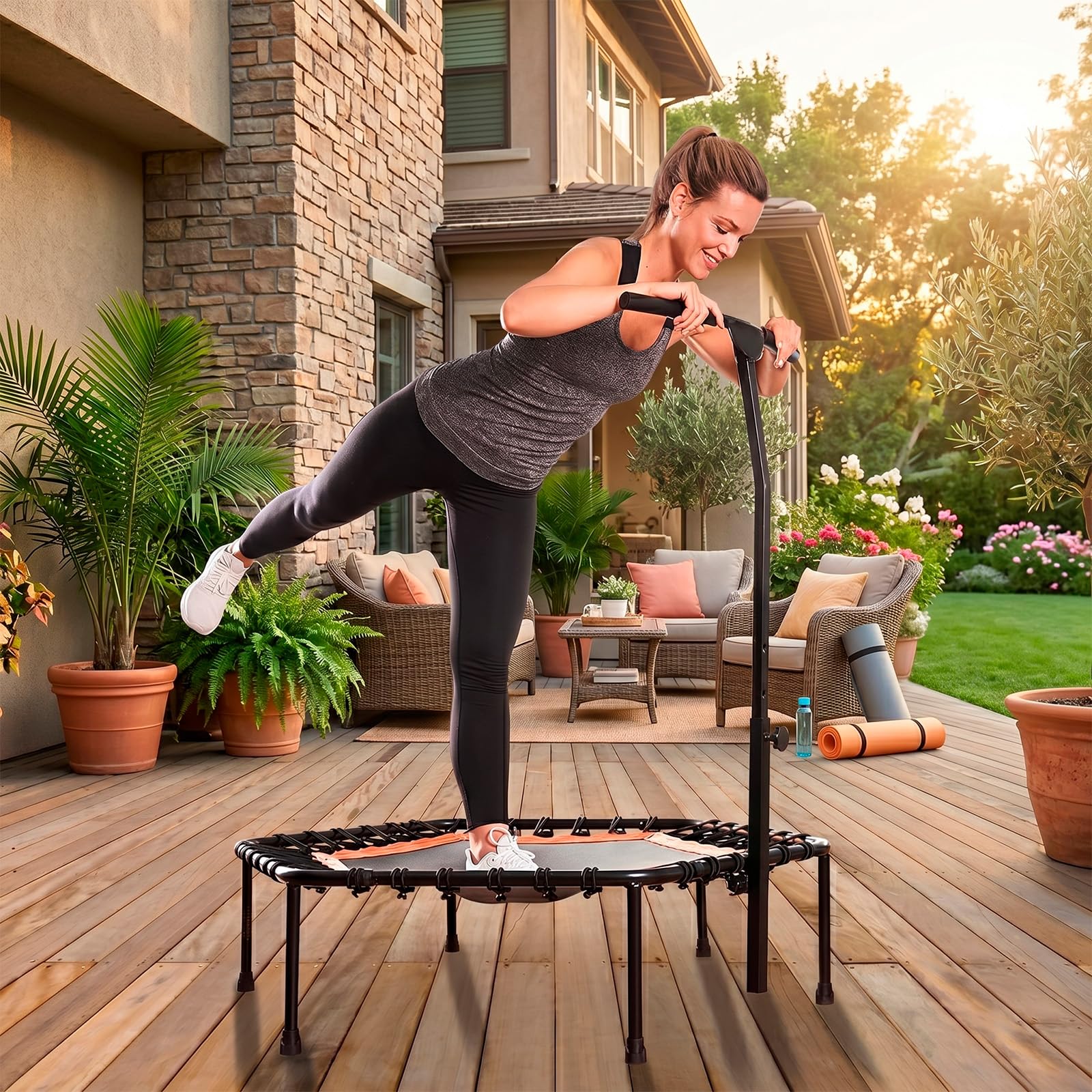 Cama Elástica Fitness con Manillar, Trampolín Plegable, Altura Ajustable, Diámetro 95cm, Instalación Fácil, Mango Ajustable en 5 Niveles, Jump Fitness