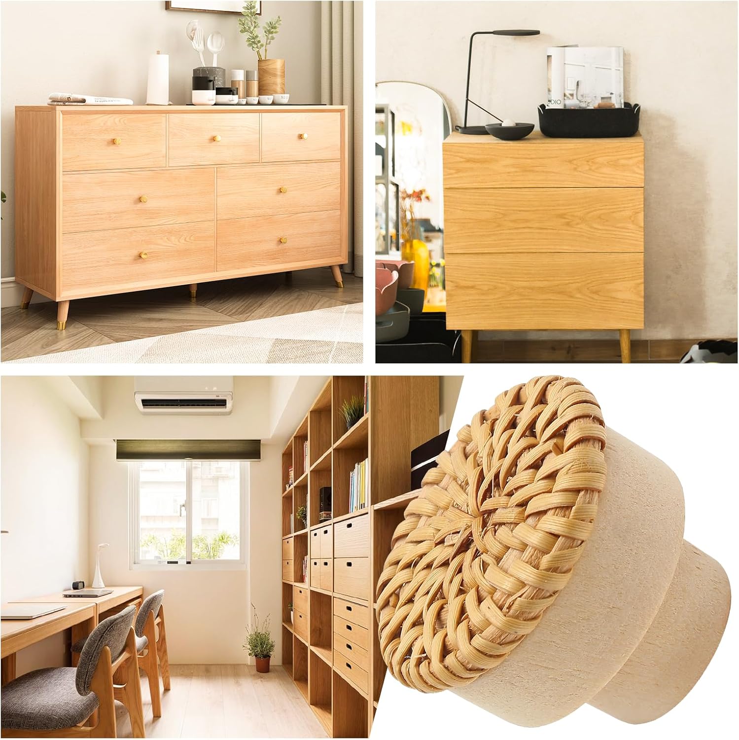 12 Pack Rattan Dresser Knobs Boho Cabinet Pulls, 1-1/2 Inch Dia Wicker Drawer Handles With Screws, Round Furniture Knob for Cupboard Wardrobe Vanity (Natural Color)