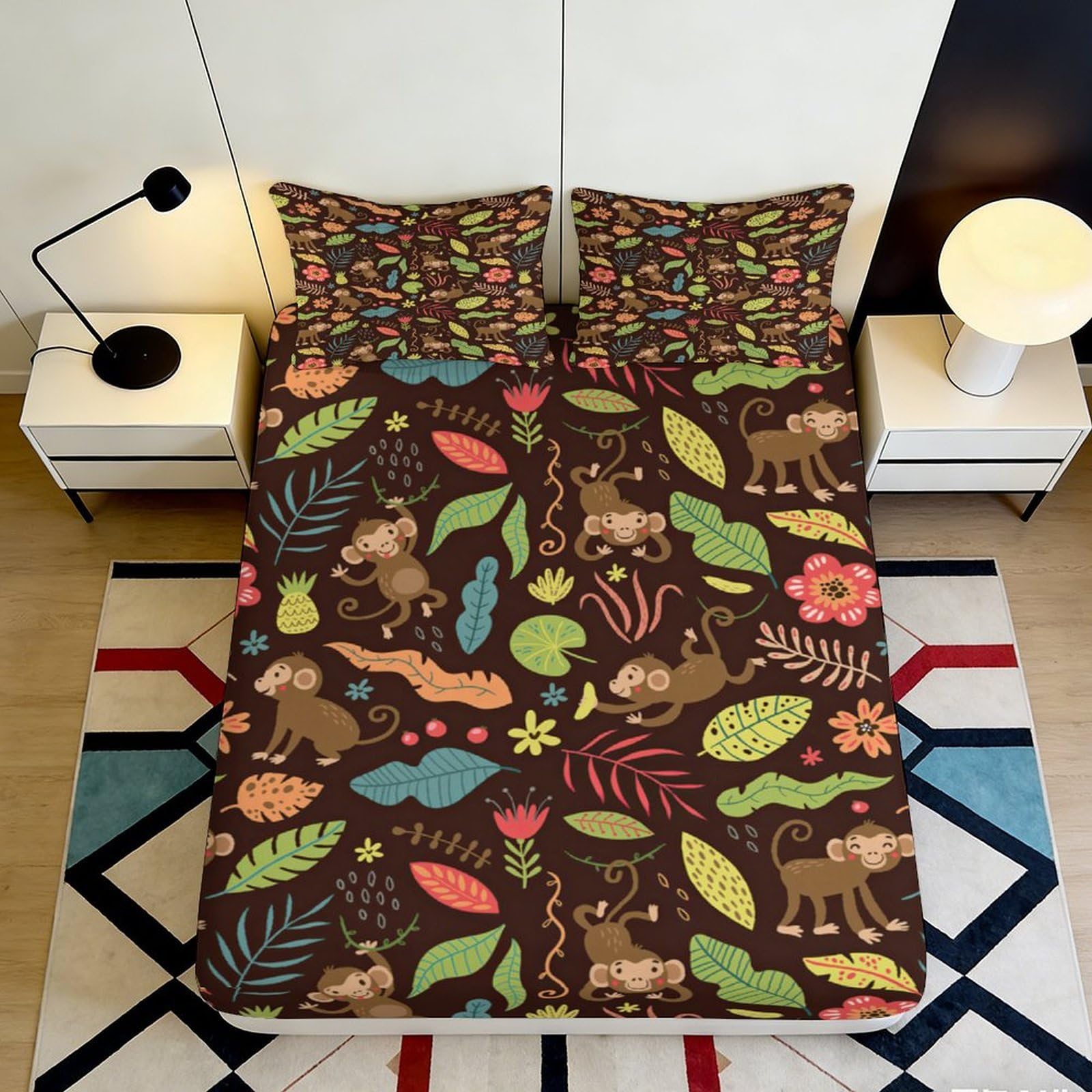 3D Printed Jungle Monkey Fitted Sheet Microfiber Soft Anti-Slip Tropical Leaves Bed Cover for Bedroom Dorm Mattress Protection 160x200x25cm