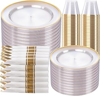 SUT 350 Pcs Gold and Clear Plastic Dinnerware Set for 50 Guests, Include: 50 Dinner Plates, 50 Dessert Plates, 50 Pre Rolled Napkins With Silverware, 50 Cups, Disposable Plates for Party, Wedding