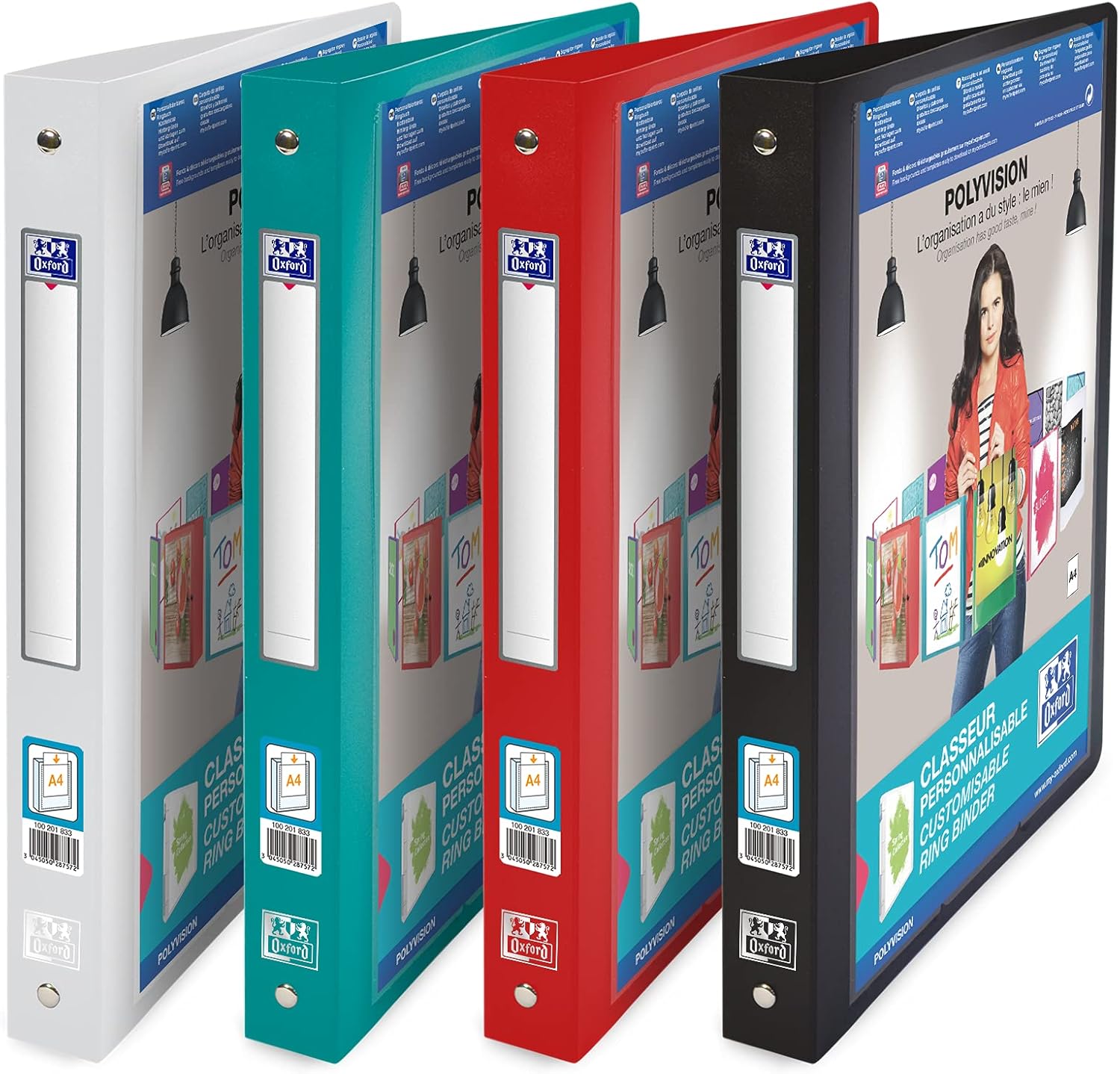 Elba - 100201833 - Polyvision Personalized Rings Binder Back 30mm Polypropylene Opaque A4, Assorted Colors(White/Black/Red/Blue)