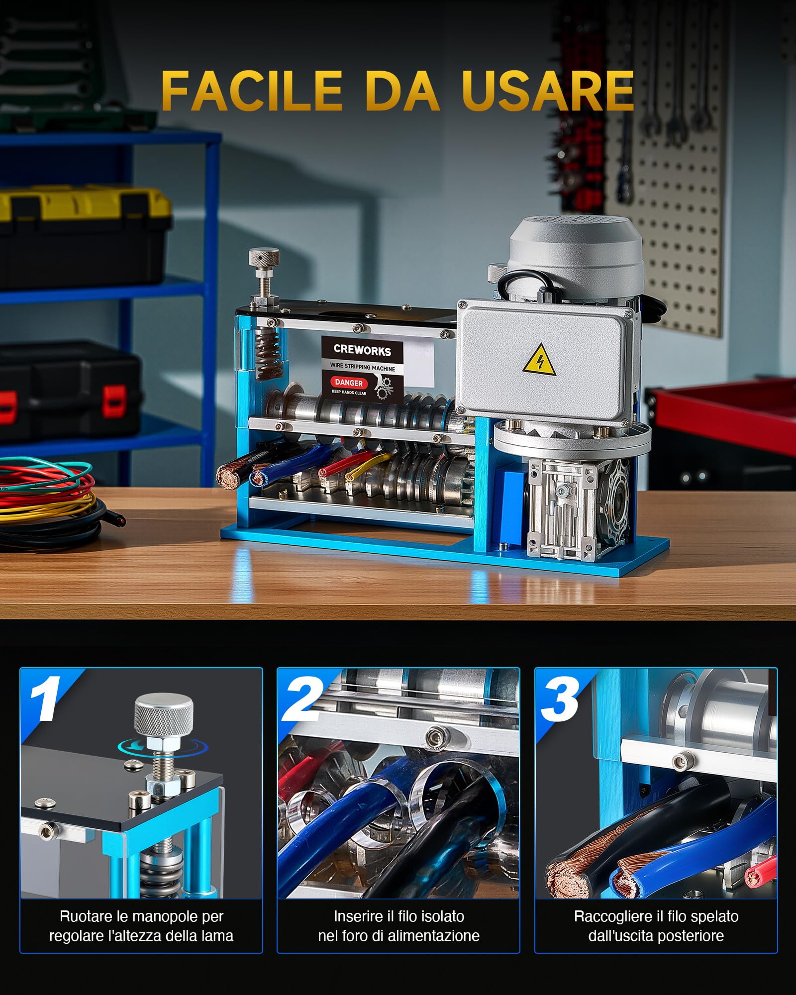 CREWORKS Máquina Pelacables Eléctrica Orofesional de 550 W, Diámetro de 1,5 mm a 40 mm de Diámetro, con 10 Cuchillas y 11 Multiorificios de hasta 30 m/min, Pelacables, Pelacables, Eléctrico