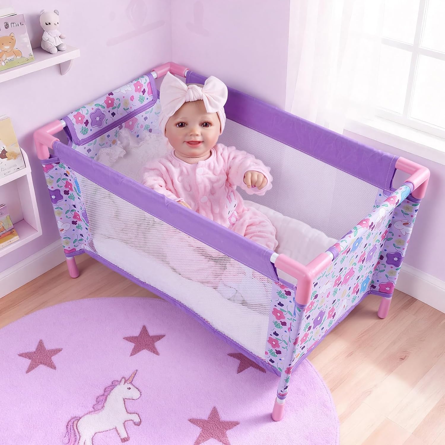 BABESIDE Baby Doll Crib Set for 18 Inch Dolls, Foldable Baby Doll Bed Playpen Toy Crib with Storage Bag for Reborn Baby Doll Accessories