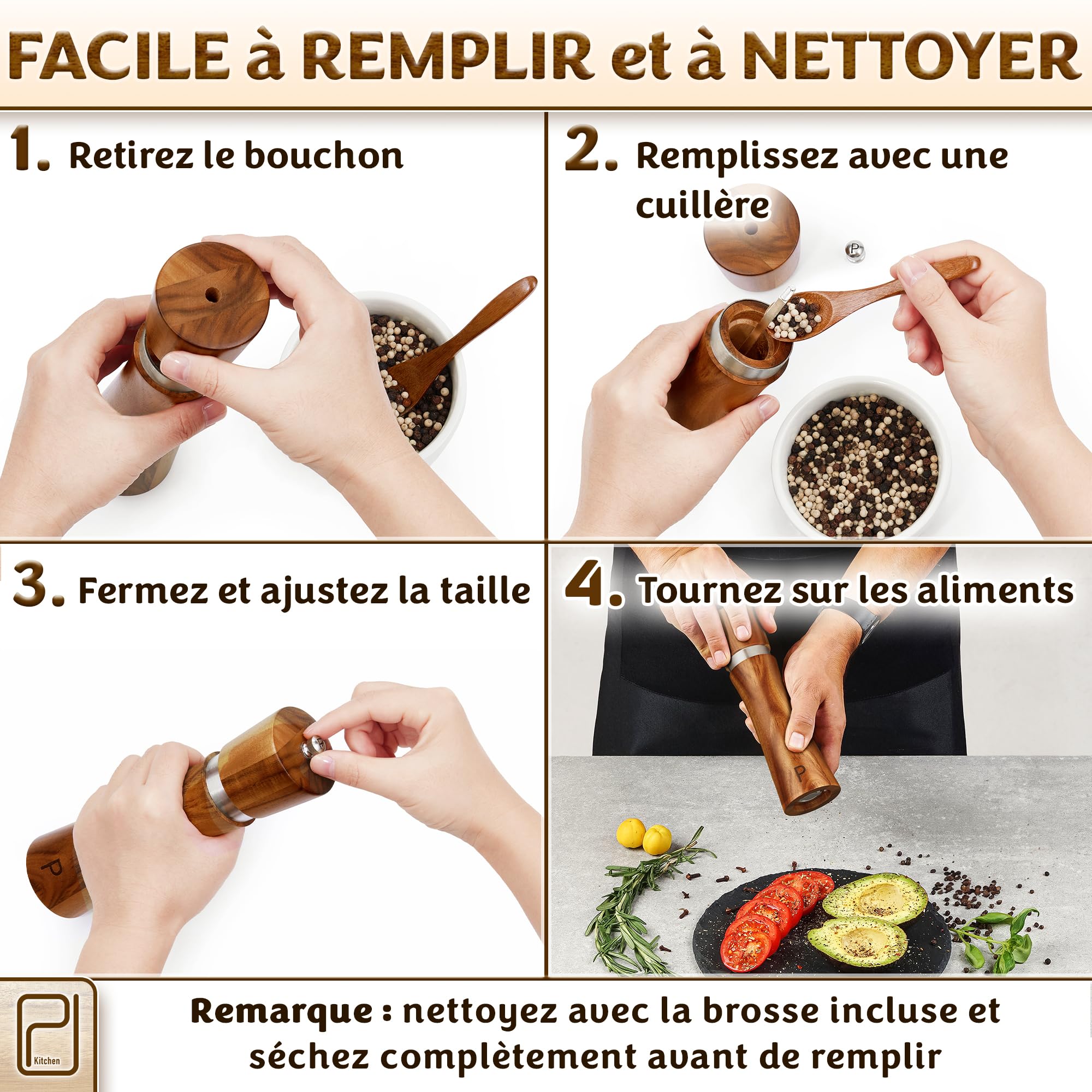 PJC-Kitchen Ensemble de Moulins à Sel et Poivre en Bois d’Acacia avec Plateau - 60 g