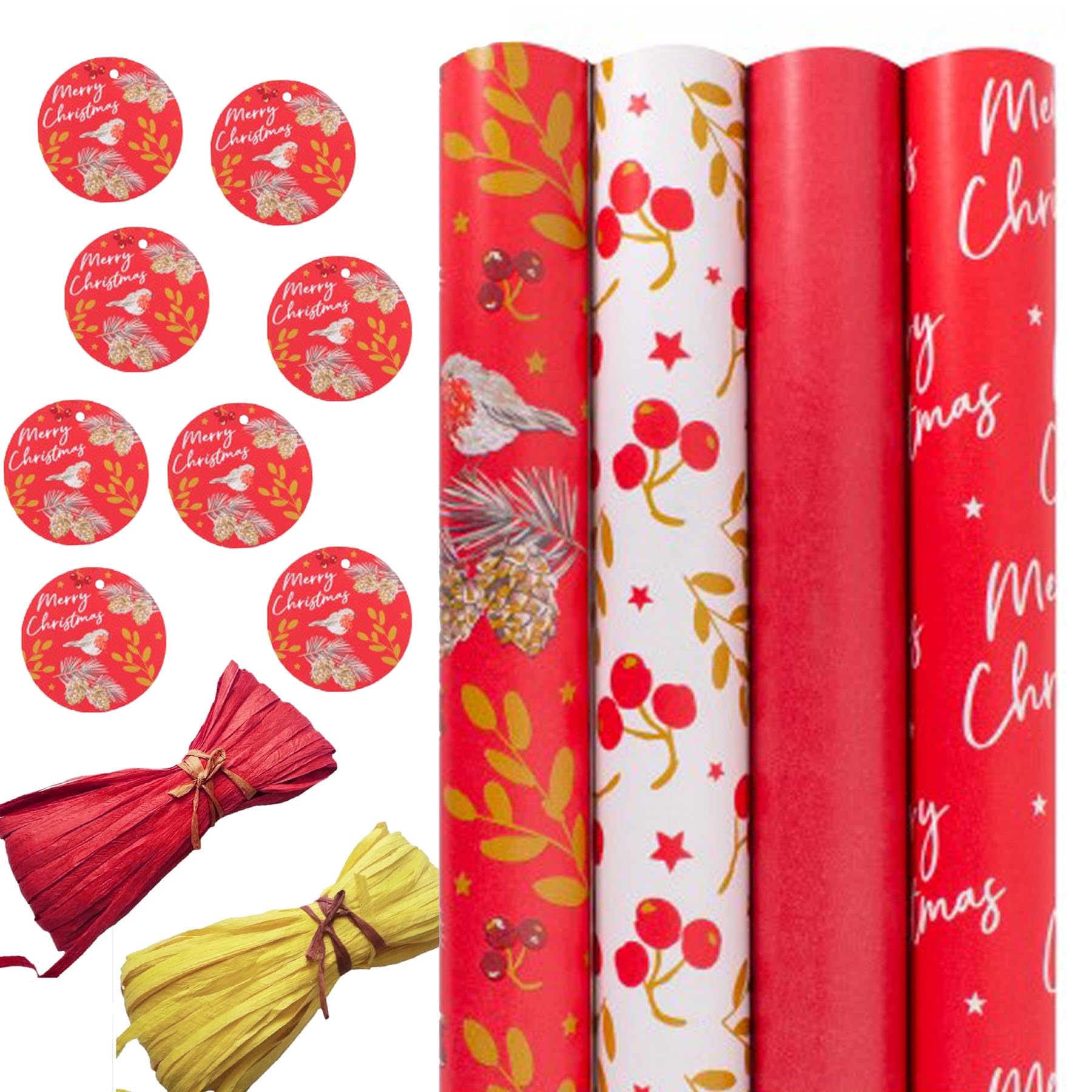 Christmas Wrapping Paper Matching Christmas Tags and Raffia Ribbon Set 8 Metres Wrapping Paper - 4 x 2M rolls (Traditional Red)