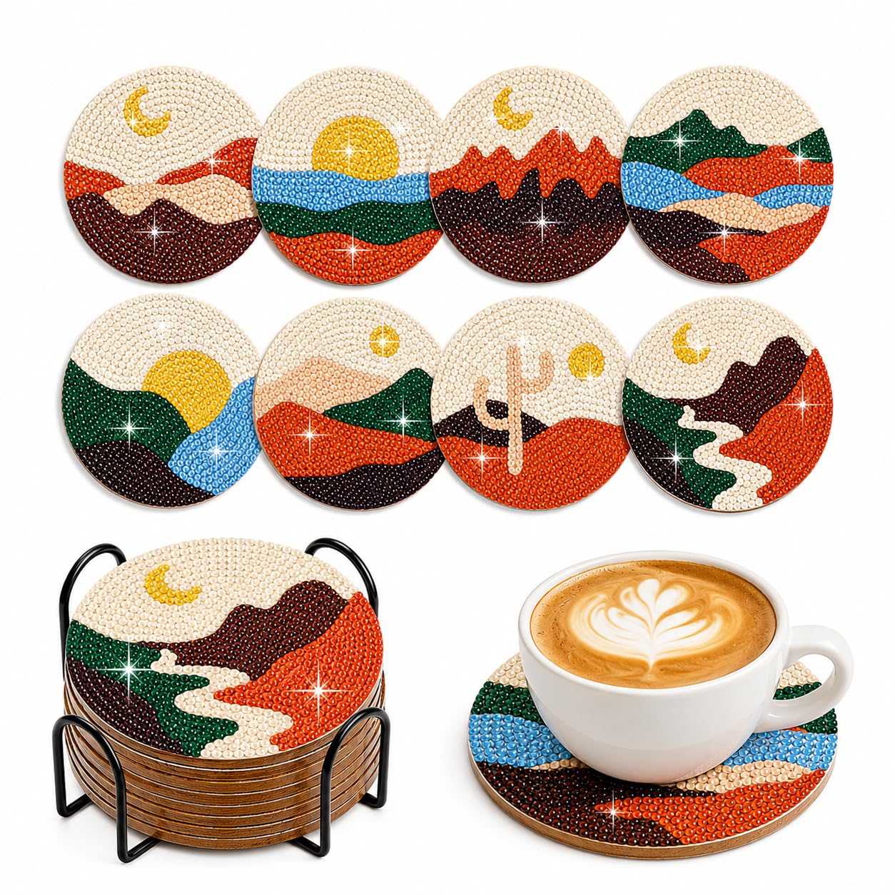 8 Pcs Diamond Painting Coasters Kit with Holder