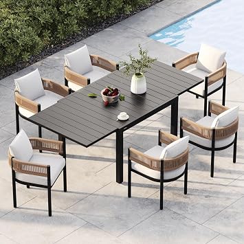 Grand patio 7-Piece Outdoor Dining Set for 6 with 1 Rectangle Expandable Table for 4-6 Person, Metal Woven Wicker Fixed Patio Chairs with Thickened Cushions for Yard, Poolside, Deck Natural