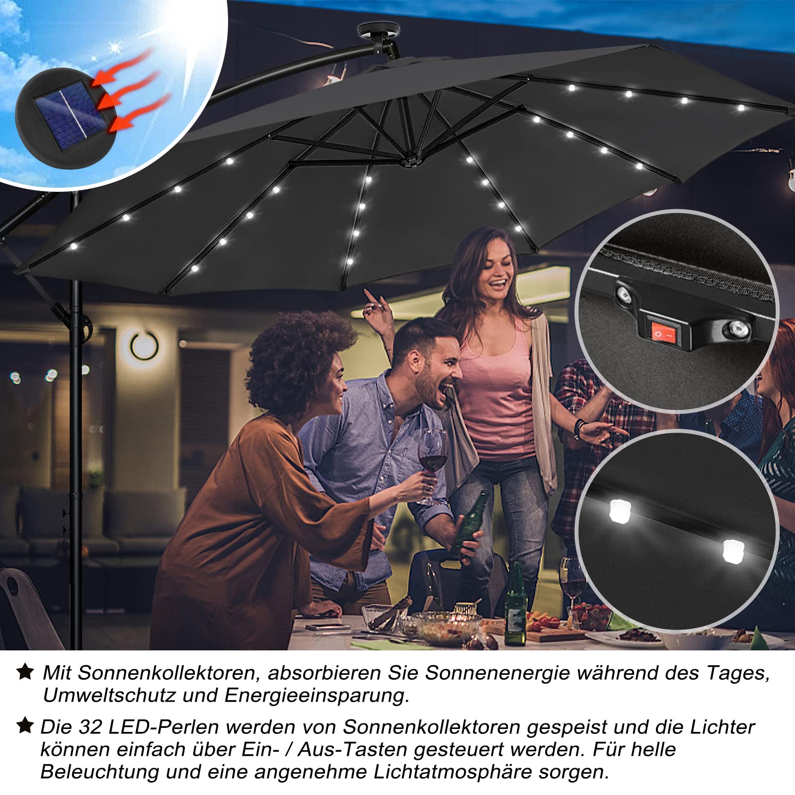 Ombrage Extérieur Manivelle Aluminium Parasol Alpstorm 350cm Rotatif 360° Antivent - Manivelle Aluminium Gris Foncé Terrasse Jardin Parasol Rotatif 360 Anti-vent