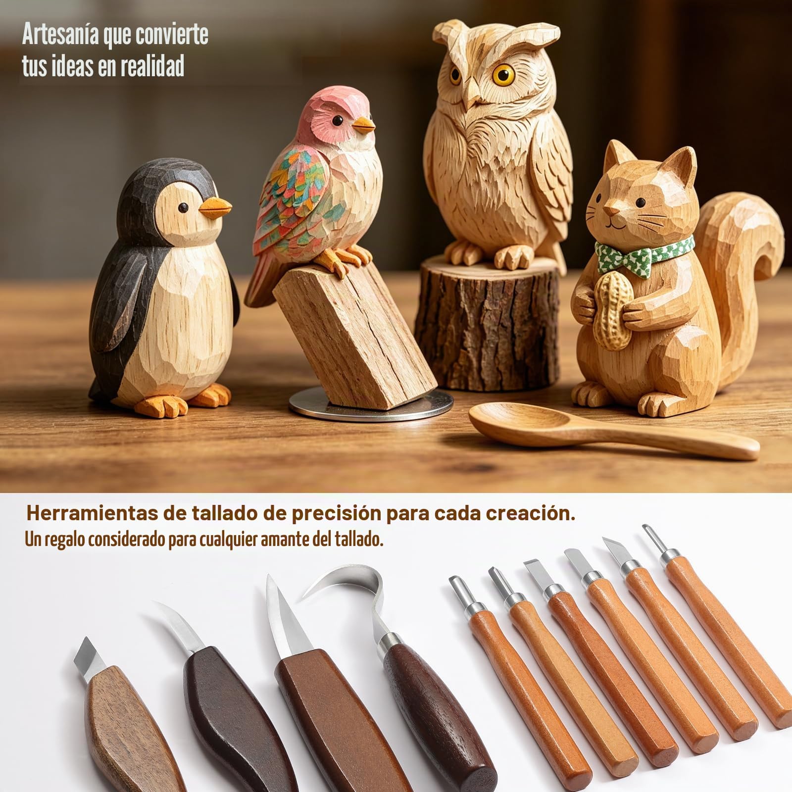 Juego 28 Piezas Talla Madera - 10 Cuchillos + 10 Bloques | 10 cuchillos acero Mo.V (4 desbaste+6 detalle), 10 bloques, guantes, lija, pasta, manual. Mangos nogal antideslizantes.