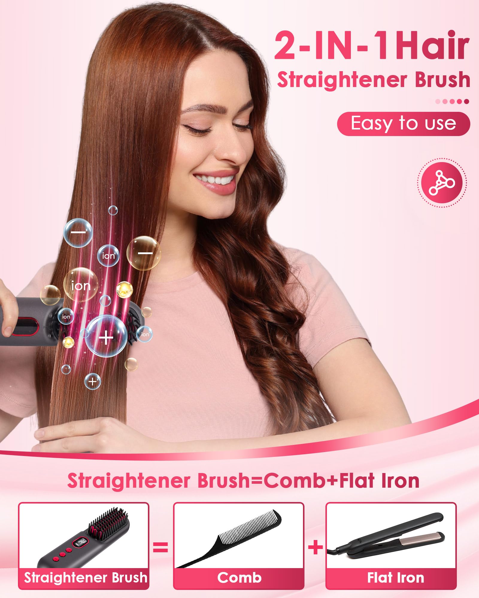 SOPPY Cordless Negative Ion Hair Straightener Brush, 25s Fast Heating, 11 Temp Settings (120°F-220°F) - Image 2