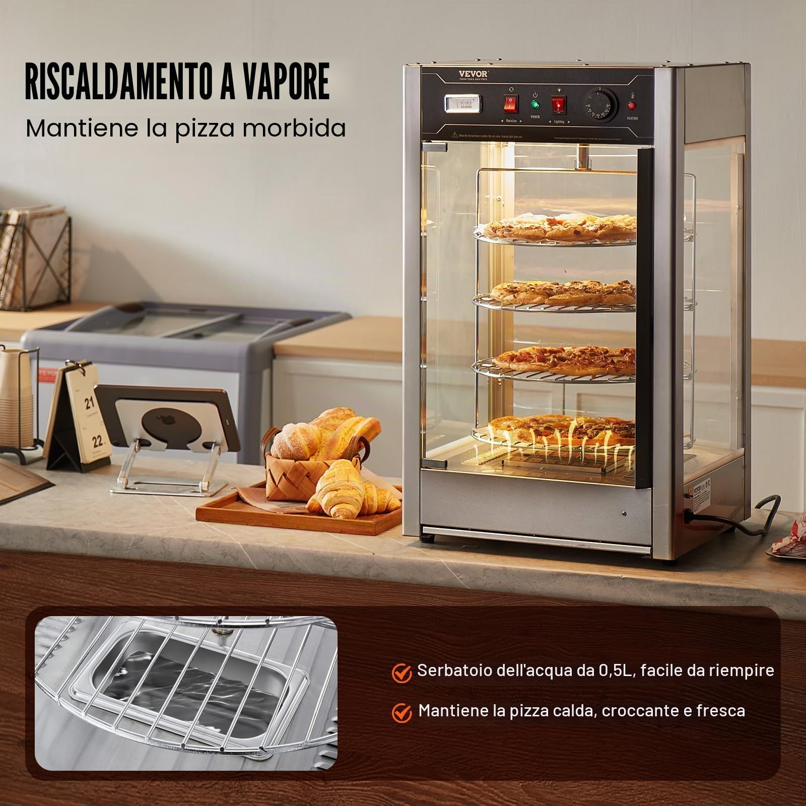 VEVOR Espositore Scaldavivande Commerciale per Pizza 366 mm Scaldavivande a 4 Ripiani con Riscaldamento a Vapore Rotante, Controllo della Temperatura da 30 ℃ a 85 ℃ Luce del Forno 25 W per Pizzeria