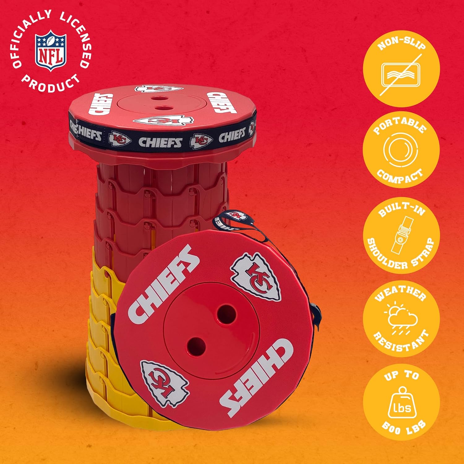 Sporticulture NFL Kansas City Chiefs Telescoping Collapsible Stool, Portable Adjustable Height Folding Camping Stool with Carry Strap, Retractable Stadium and Tailgate Seat 18Hx10Wx10D